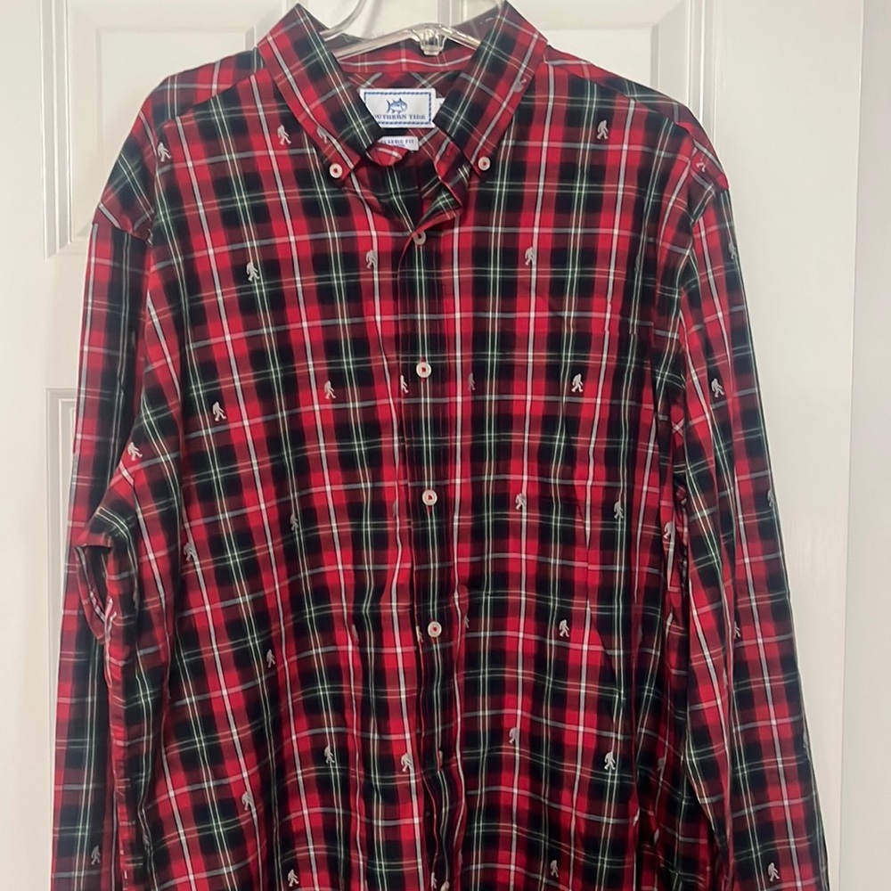 Southern Tide red plaid yeti big foot Christmas shirt